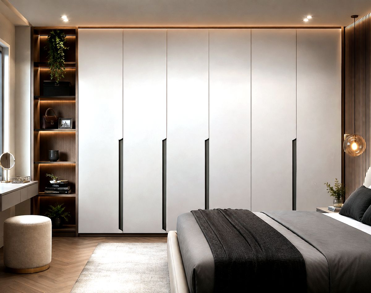 Guarda-roupa planejado com estante aberta iluminada, projeto Alencar Interiores